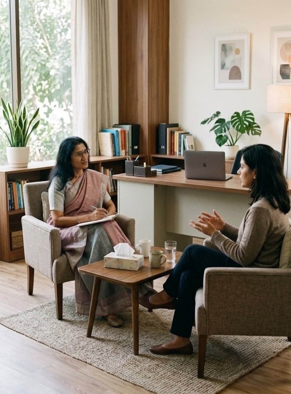 Dr. Shilpa Jasubhai in session with a client, in a warm, plant-filled counseling room