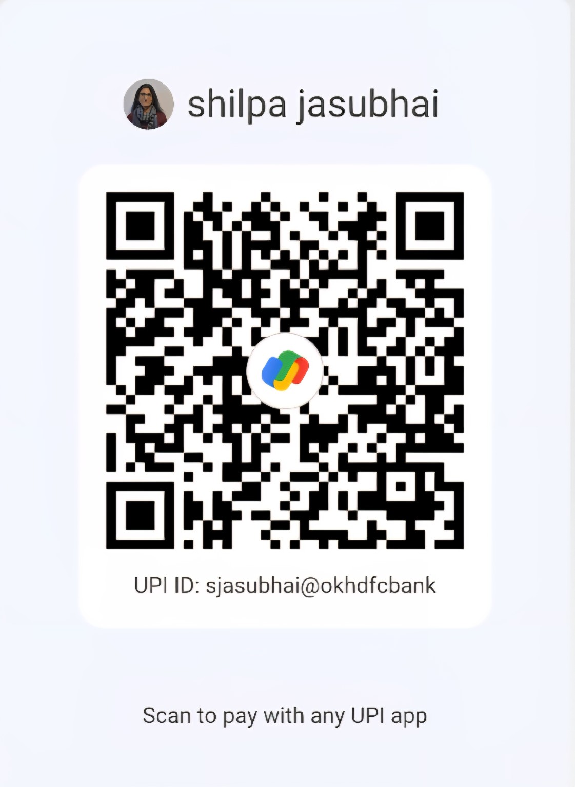 Payment QR code for Shilpa Jasubhai. UPI ID: sjasubhai@okhdfcbank